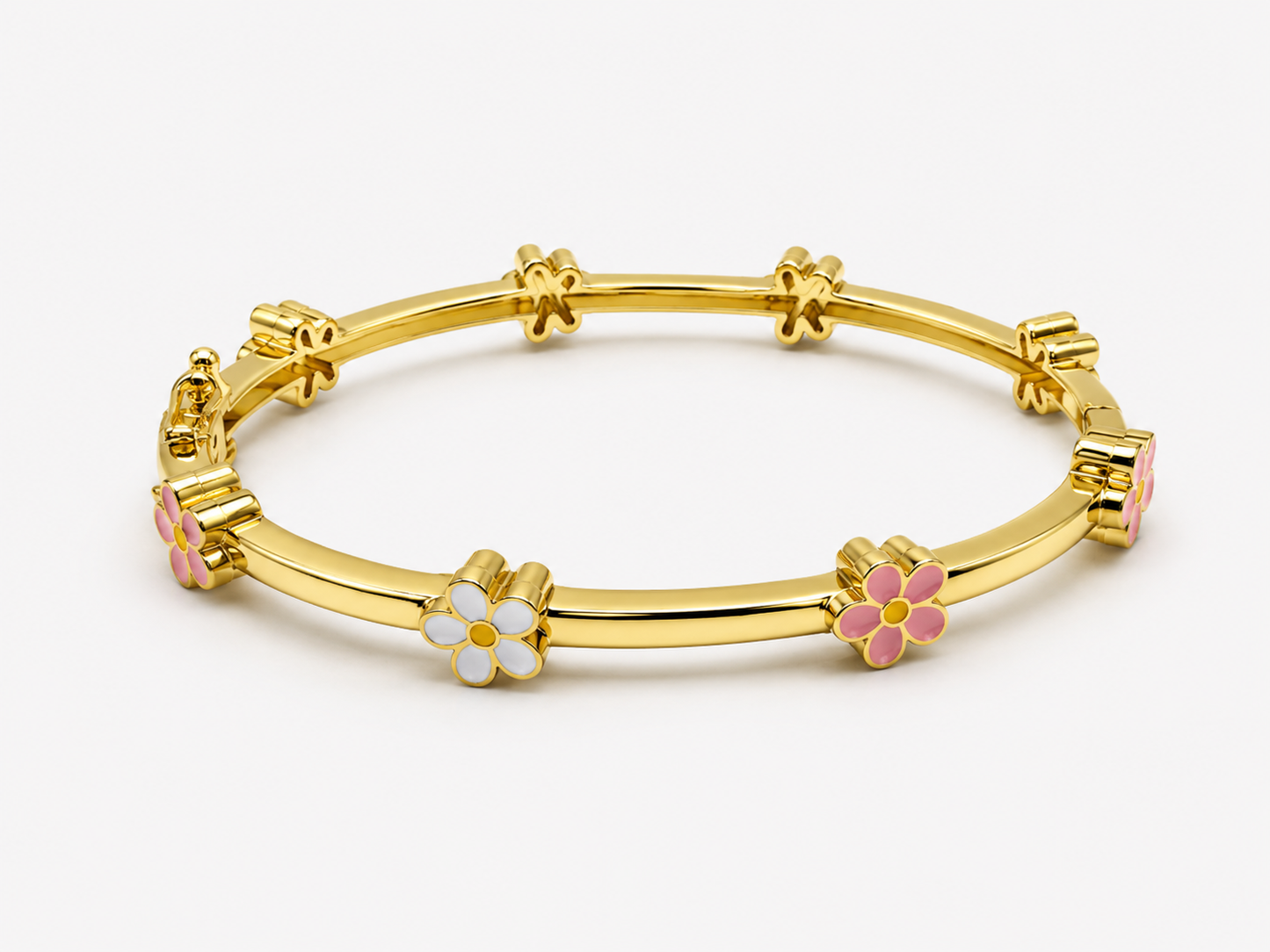 Enamel Bangle Bracelet Pink White Flowers