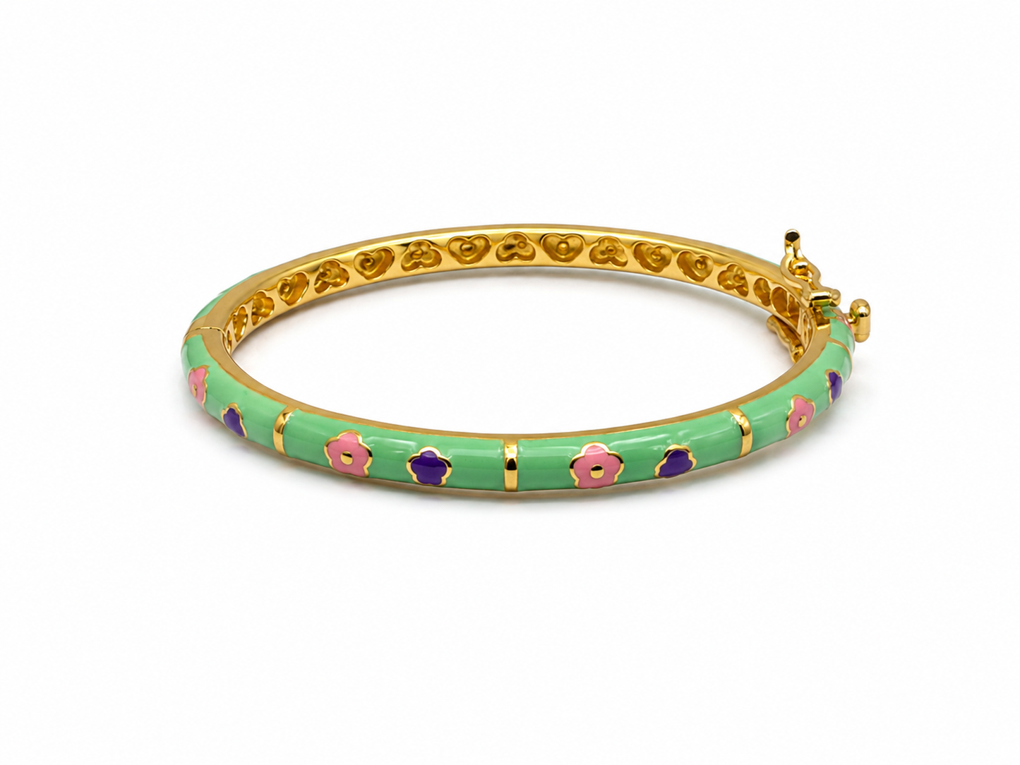 Enamel Bangle Bracelet Green Purple Pink Flowers