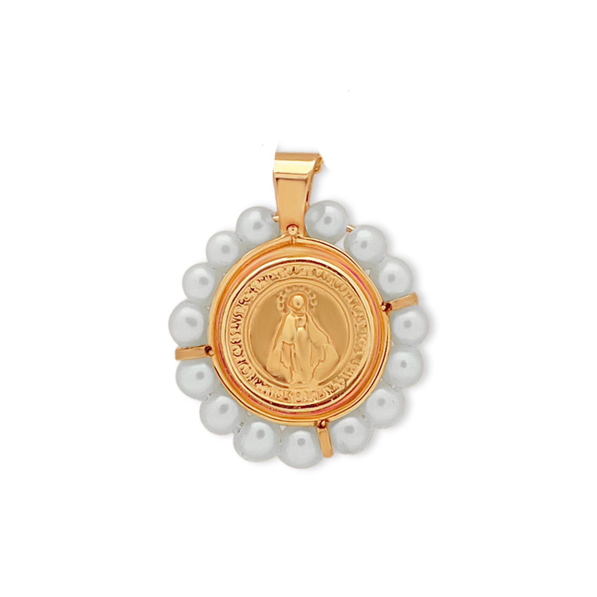 14k Gold Virgen Milagrosa Pearl Medallion Pendant