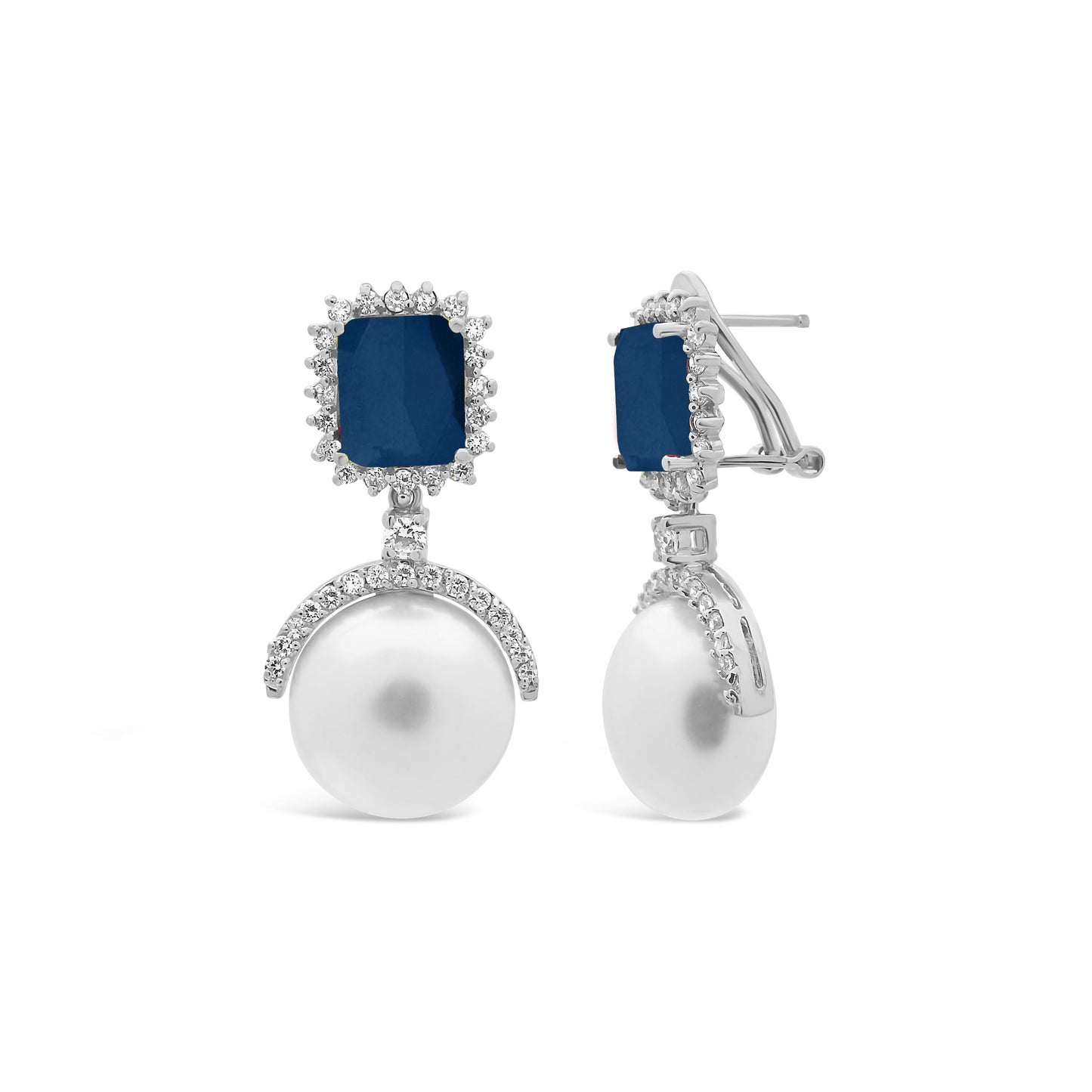 Royal Simulated Sapphire & Pearl Omega Back Drop Earrings