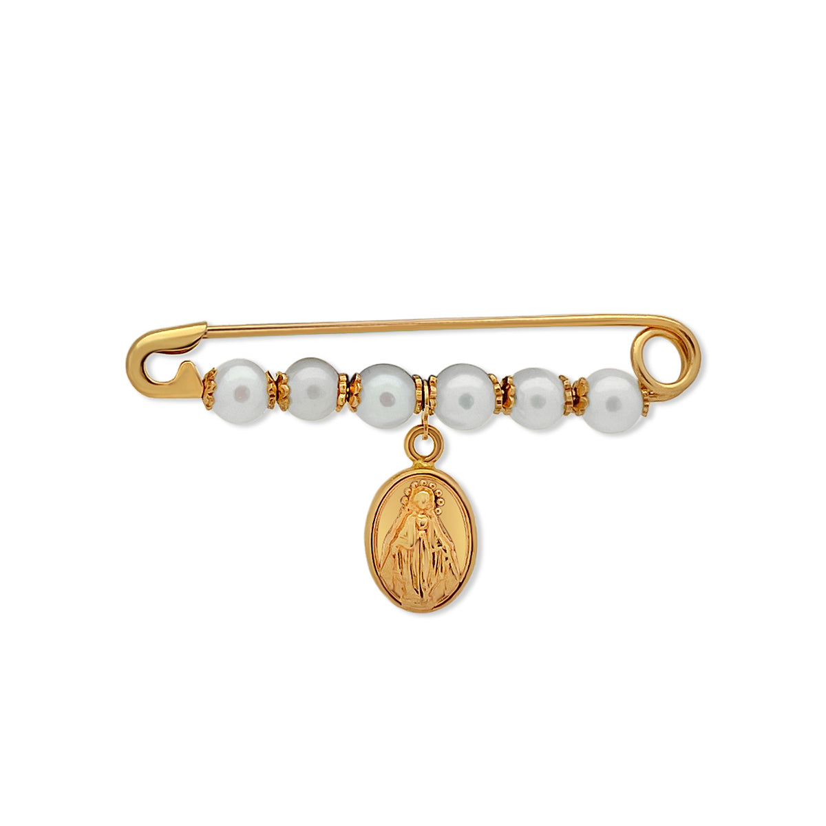 14k Gold Pearl Safety Pin Virgen Milagrosa Pins
