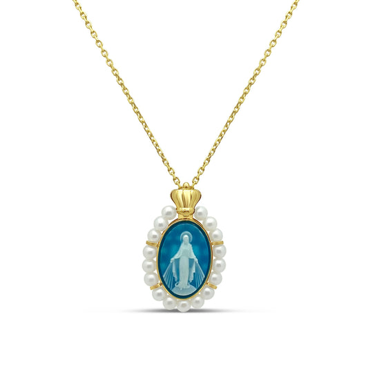 Princesa 14k Gold Miraculous Mary Pearl Medallion Necklaces