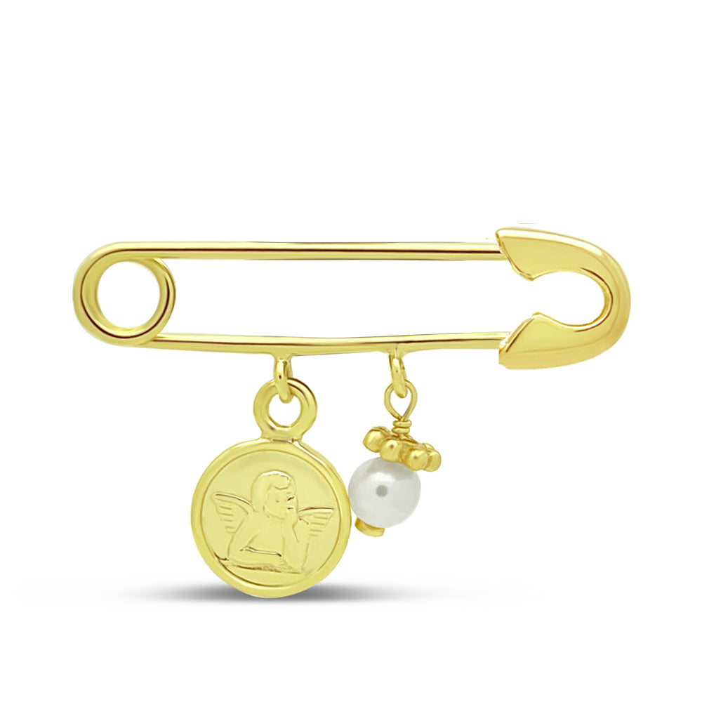 Safety Pin Brooch - Guardian Angel - Dangling Pearl - Gold Plated Silver Pins