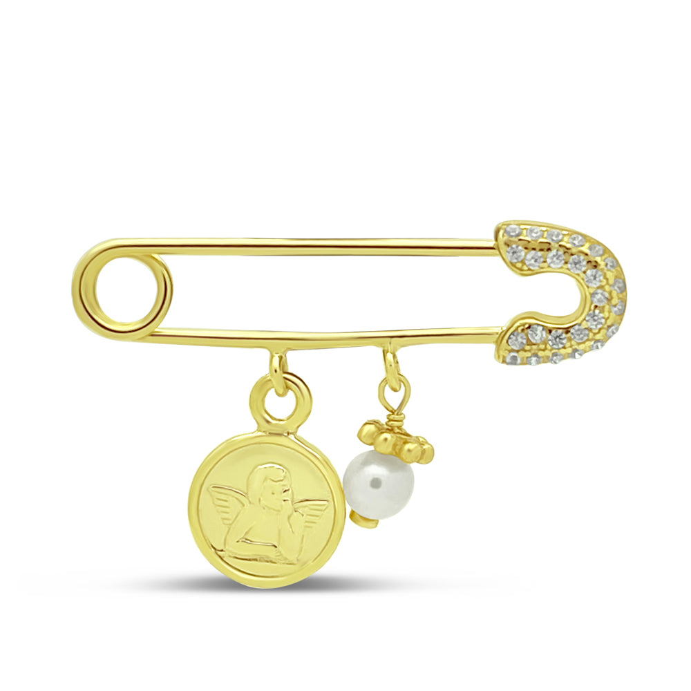 Safety Pin Brooch - Cubic Zirconia - Guardian Angel - Dangling Pearl - Gold Plated Silver Pins
