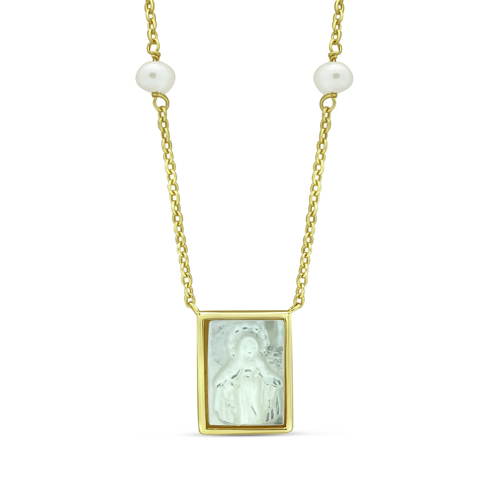 14k Gold Plated Silver Mother of Pearl Virgen Milagrosa Pendant Necklace Necklaces