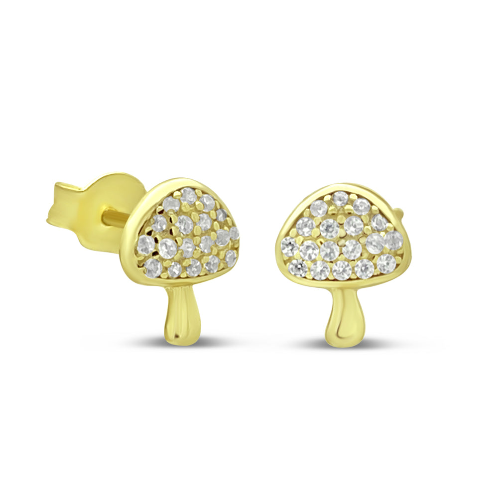 14k Gold Plated Silver Mini CZ Mushroom Stud Earrings Earrings