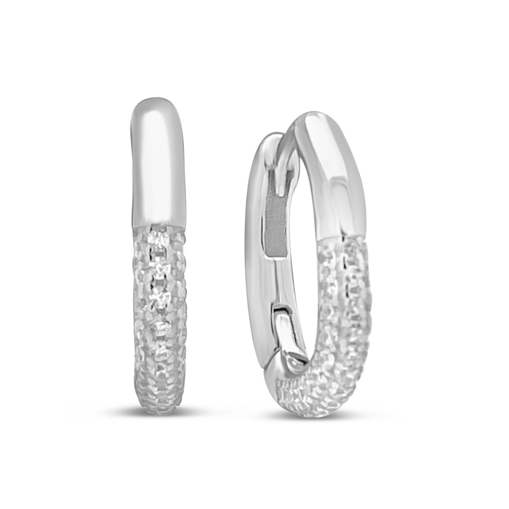 Rhodium Plated Silver CZ Line Oval Huggie Hoop Earrings Earrings