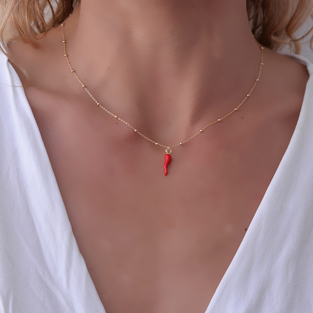 14k Gold Plated Sterling Silver Red Italian Horn Pendant Necklace Necklaces
