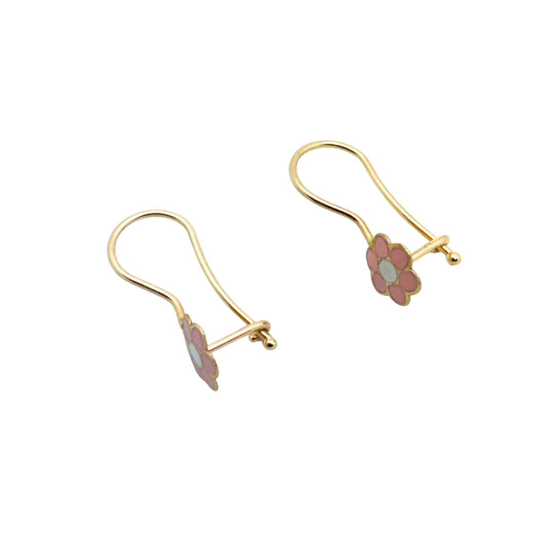 14k Yellow Gold Enamel Flower Wire Hoop Earrings Earrings