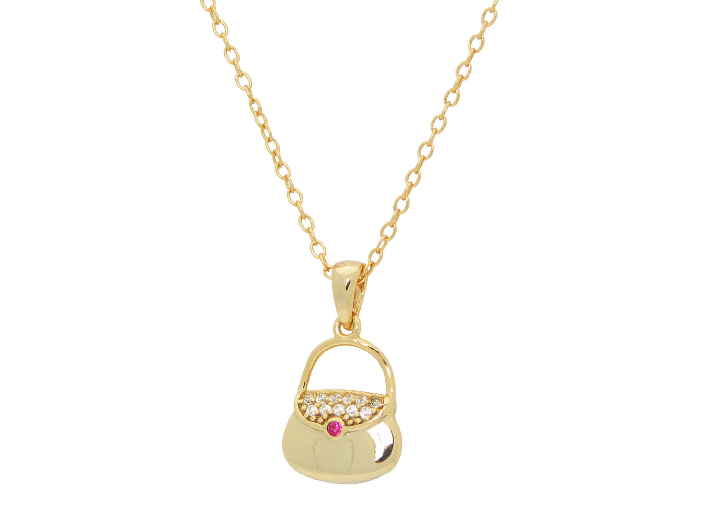 Teen Red Cz Purse Pendant Necklace in Gold Plated Sterling Silver, 16" + 2" Necklaces
