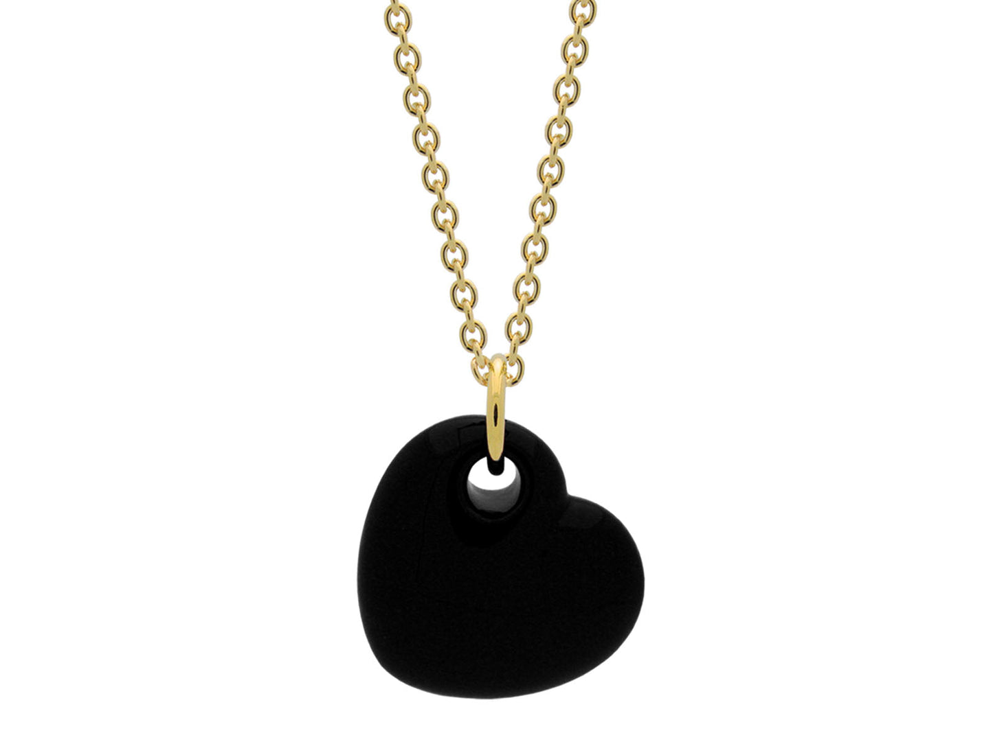 18k Gold Plated Black Enamel Puffy Heart Necklace, 15 Inches Necklaces