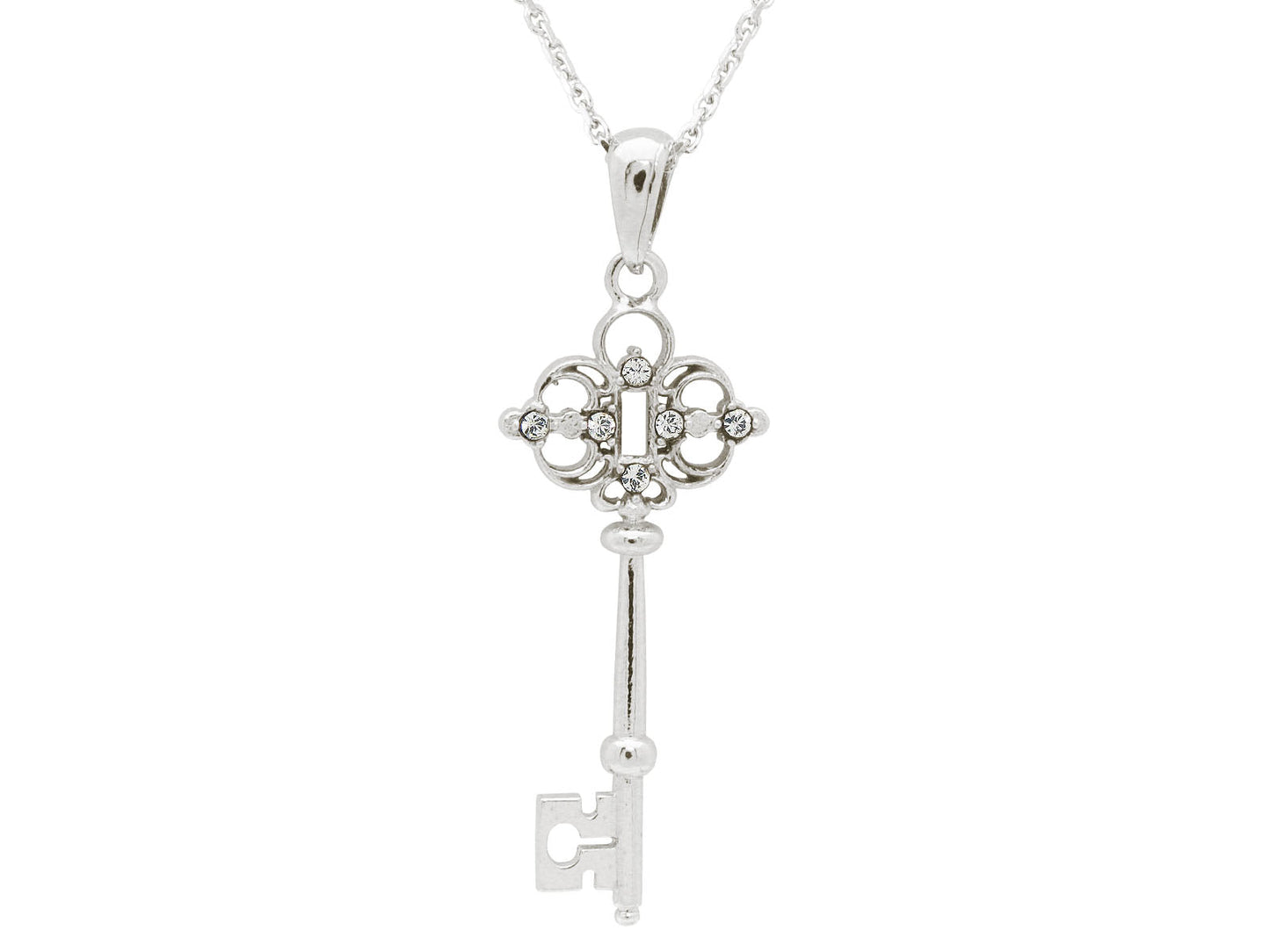 Platinum Plated Sterling Silver Victorian Key Pendant Necklace 17" Adjustable Necklaces