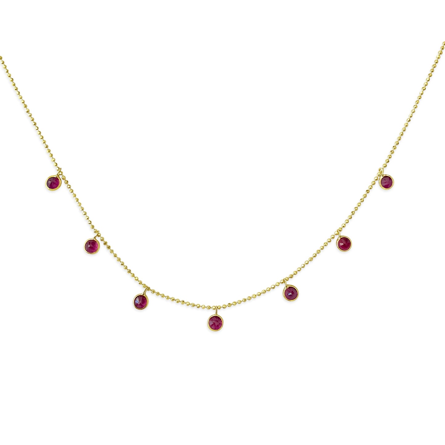 14k Yellow Gold 7 Round Bezel Ruby Necklace, 16" (1.40ct) Necklaces