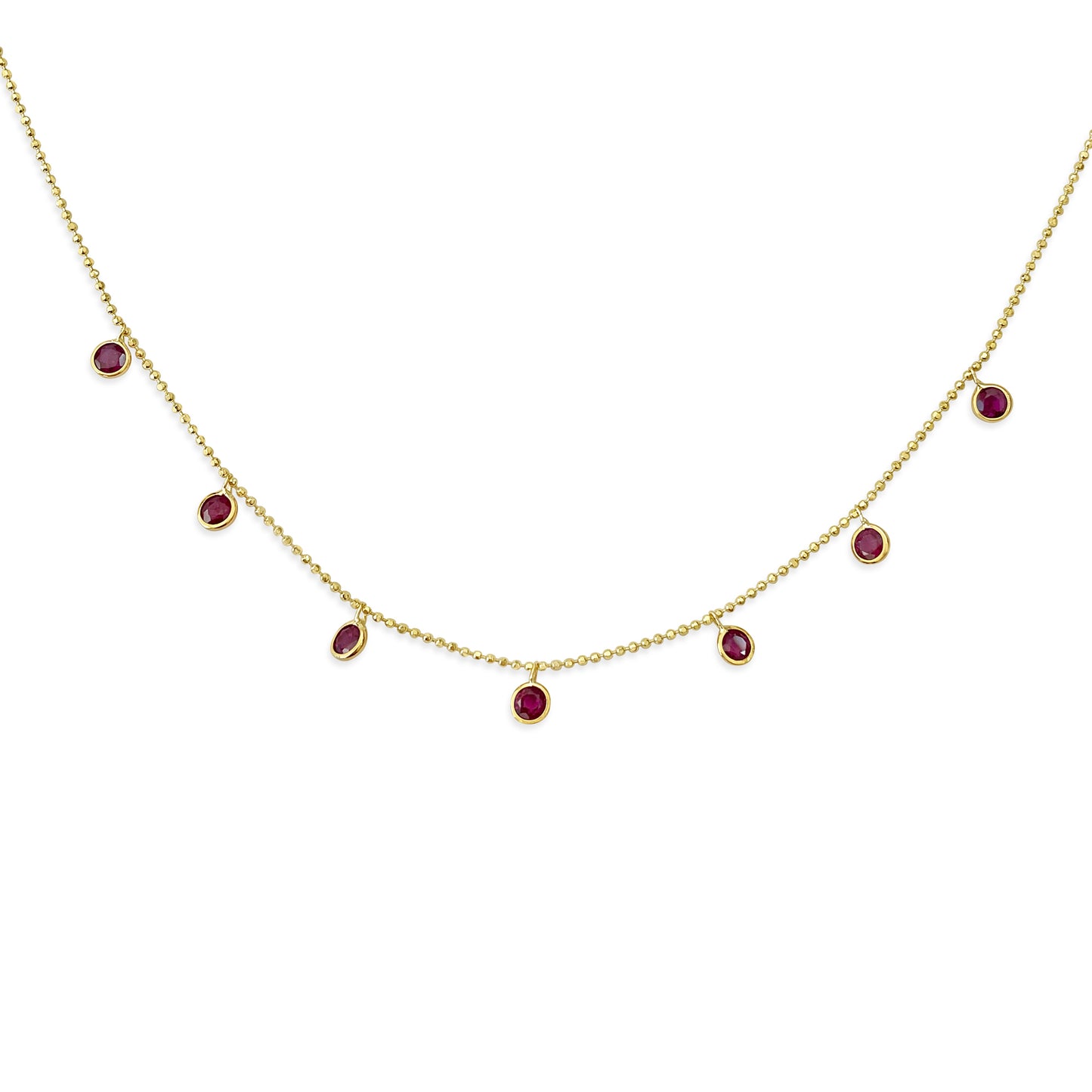 14k Yellow Gold 7 Round Bezel Ruby Necklace, 16" (1.40ct) Necklaces