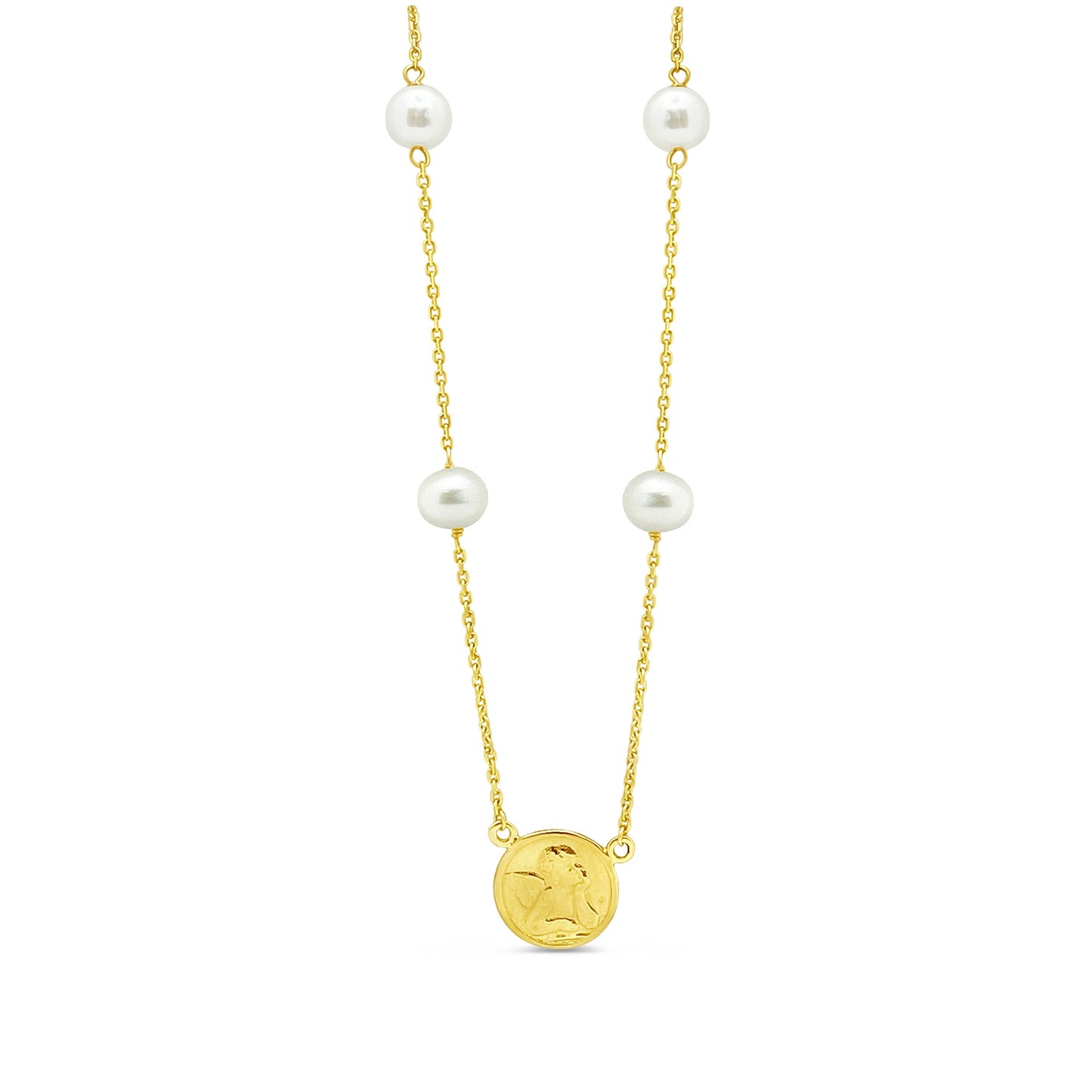 14k Yellow Gold Angel Medallion Pearl Strand Necklace, 16" + 2 NECKLACES