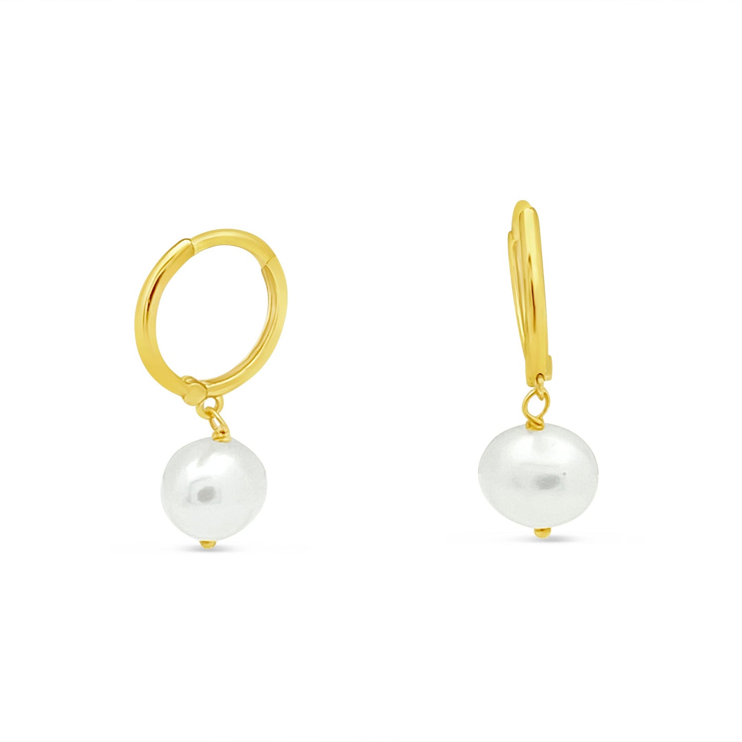 14k Yellow Gold Dangling Pearl (8mm) Huggie Earrings Earrings