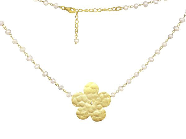 Hammered Golden Flowers & Pearls Necklace,15.5" Necklaces