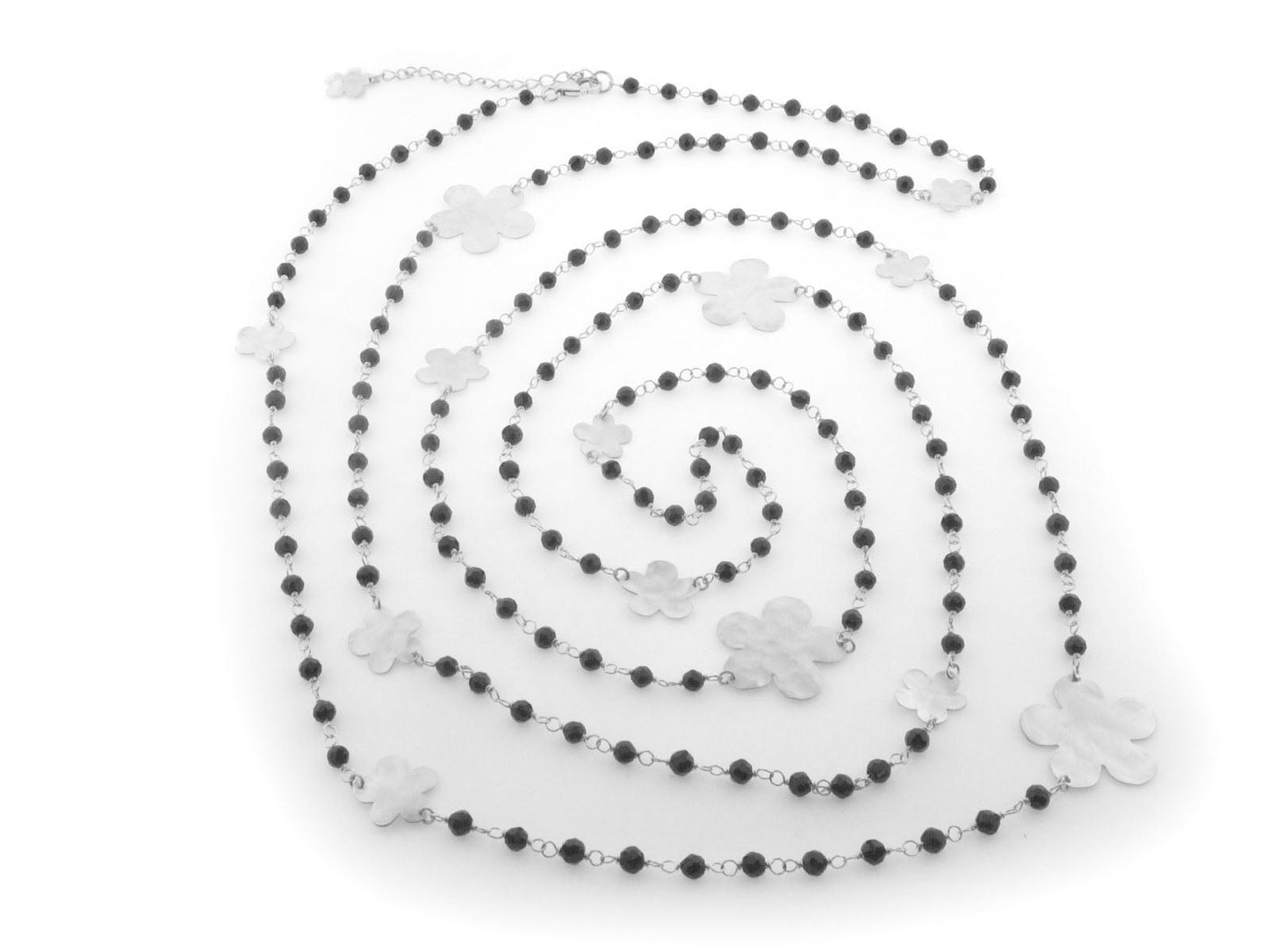 Hammered Silver Flowers Onyx Necklace Necklaces