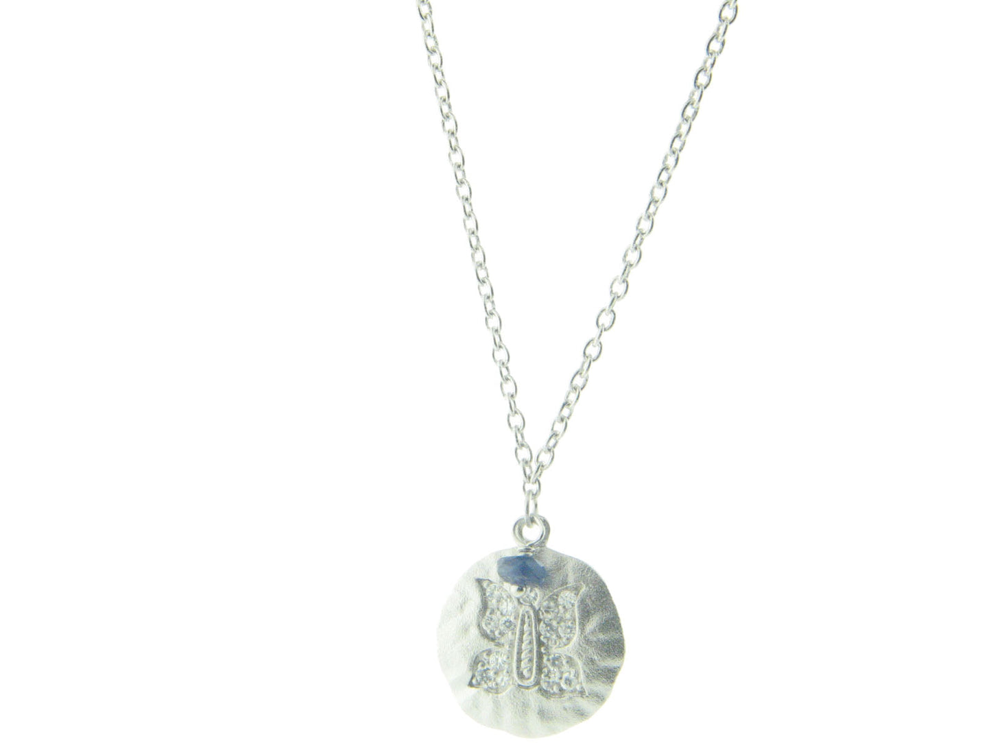 Embossed Cubic Zirconia Butterfly Hammered Disc Pendant Necklace in Sterling Silver, 16" + 2" Necklaces