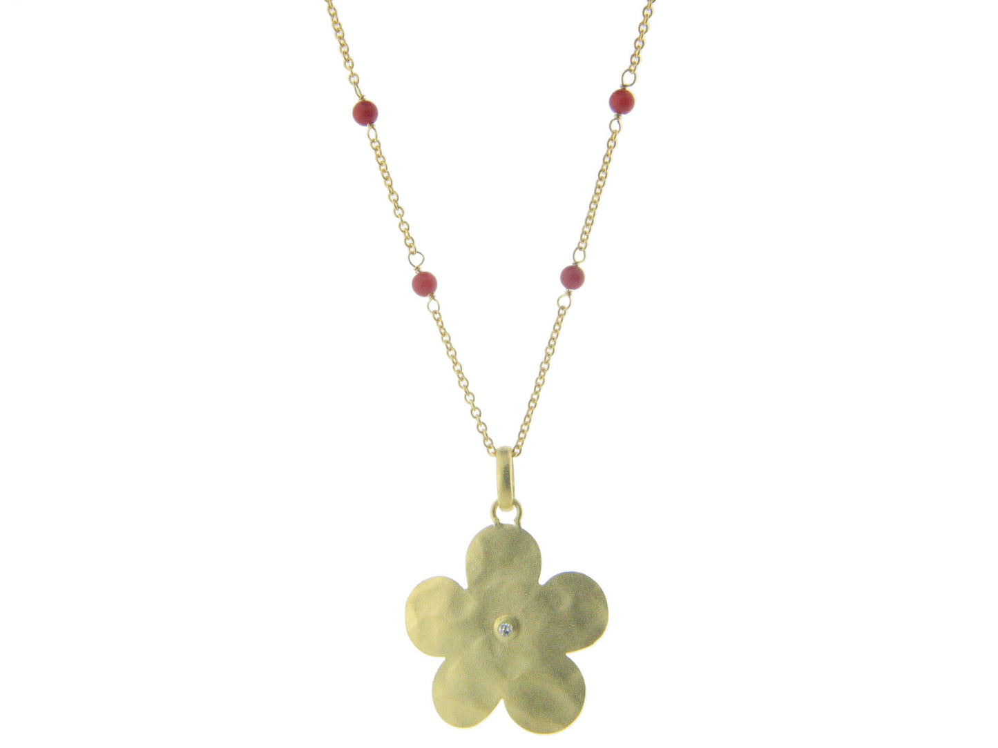 Fronay Co .925 Sterling Silver Hammered Flower and Simulated Coral Necklace dipped in Gold, 6" Necklaces