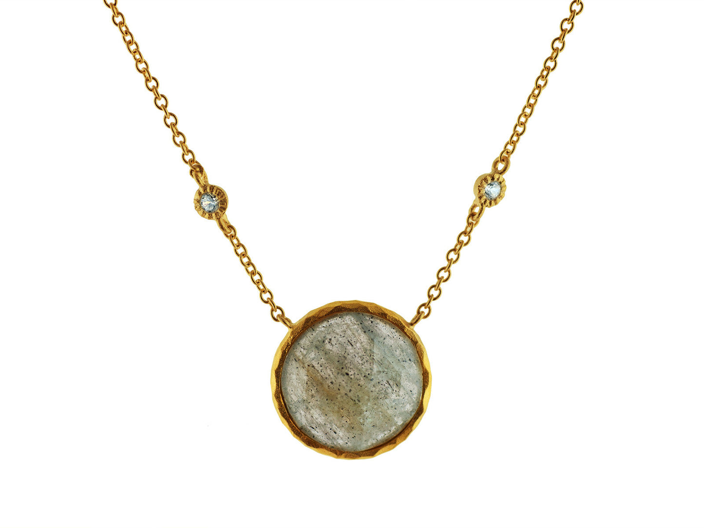 Natural Faceted Labradorite Round Stone & CZ Necklace in Gold Plated Silver, 15.5"+2" Necklaces