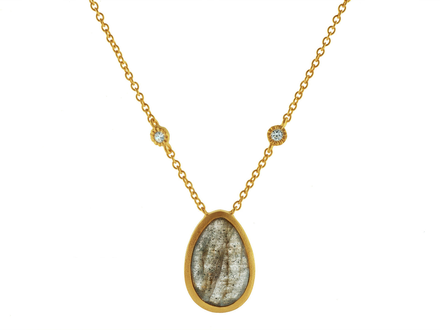 Pear Shaped Labradorite Stone Necklace with Cubic Zirconias in Vermeil, 16" + 2" Necklaces