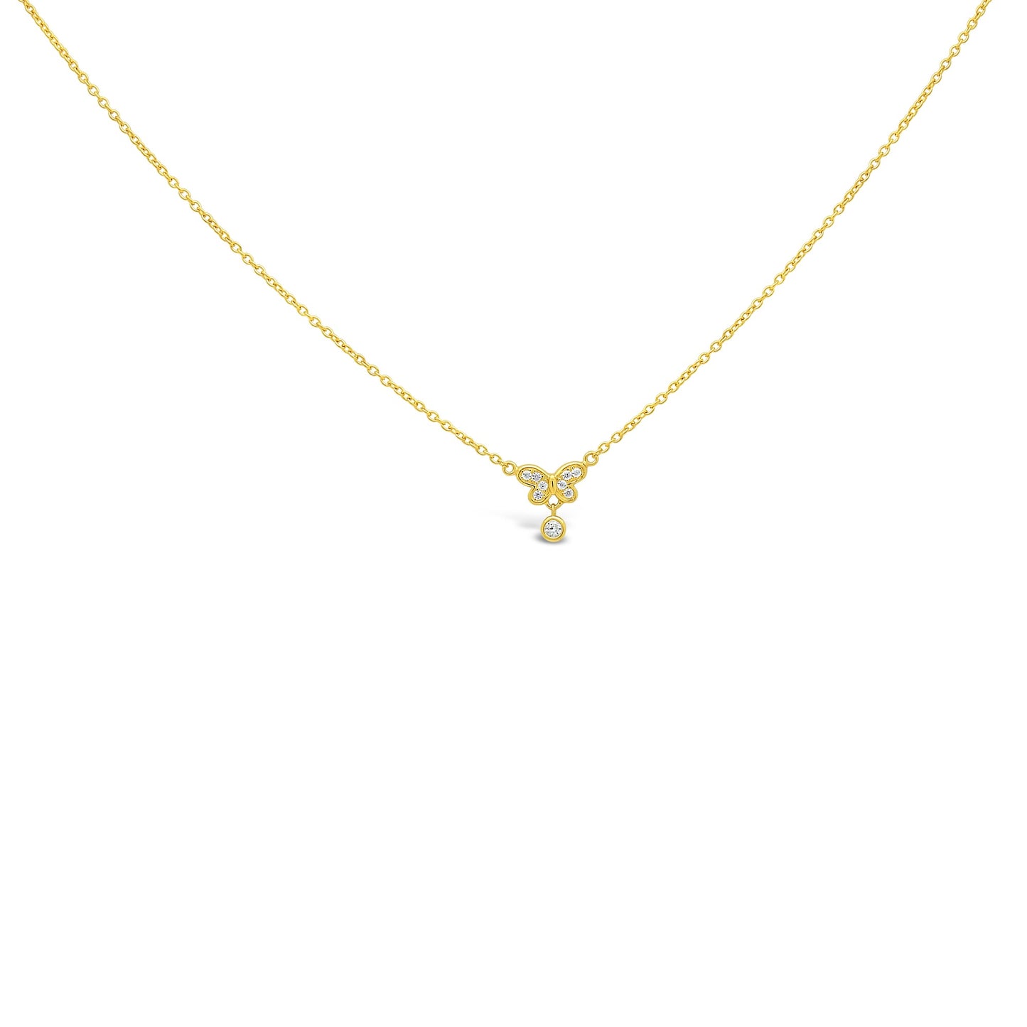 Fluttering Cubic Zirconia Butterfly Pendant Necklace in Gold Plated Sterling Silver, 16.5" Necklaces