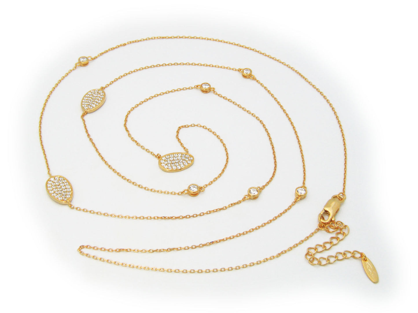 18k Gold Plated Sterling Silver Sparkling Pave CZ Ovals Connector Necklace, 36-38" Necklaces