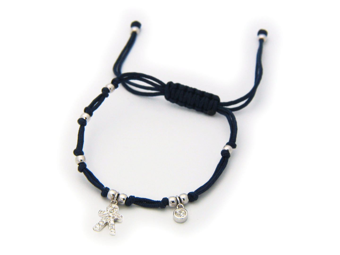 Navy Blue Cord Boy Cz Charm Bracelet in Sterling Silver Bracelets