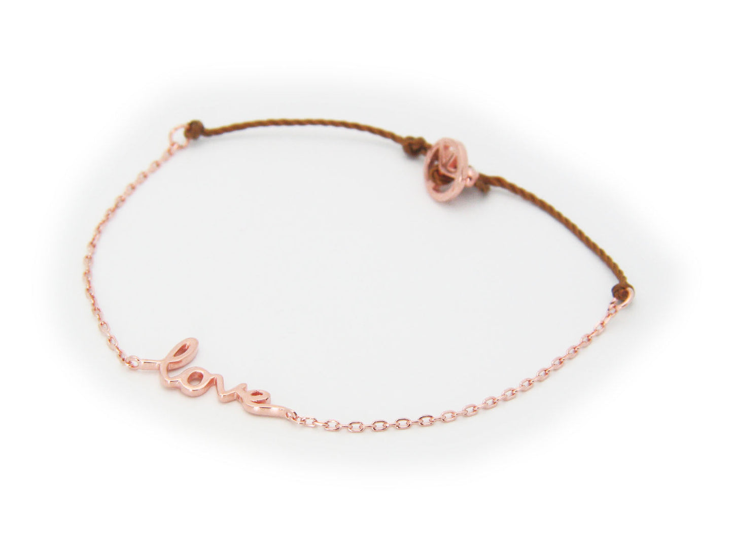 Love and Peace Charms Cord Bracelet in Rose Gold Plated Silver, 6.5" Bracelets