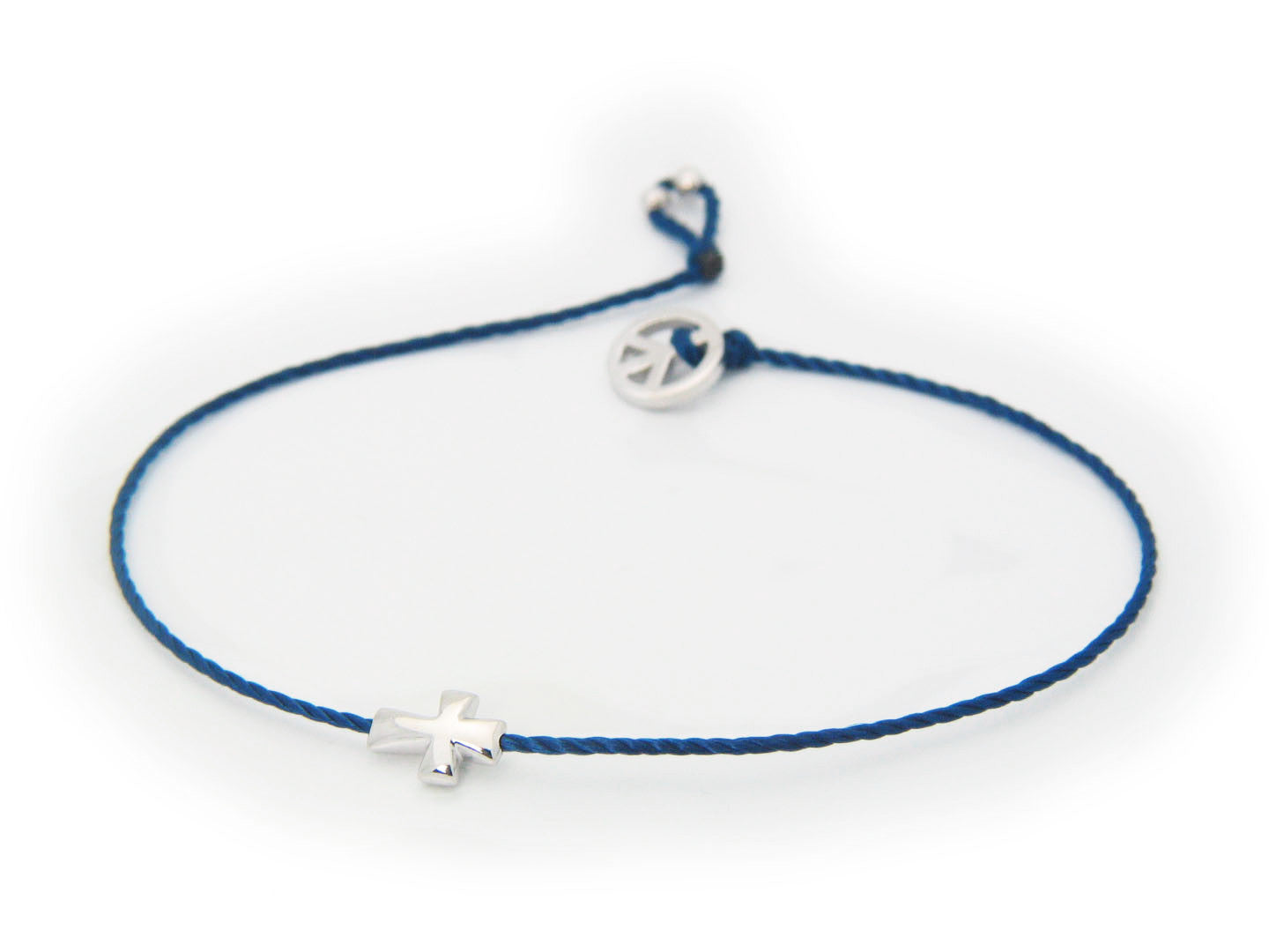 Cross and Peace Sign Charms Cord Bracelet in Rhodium Plated Silver, 6.5" Bracelets