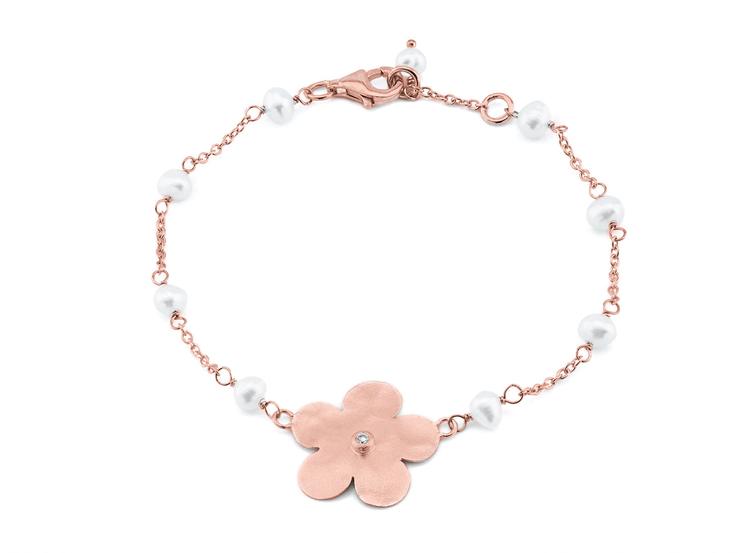 Fronay Co .925 Sterling Silver Hammered Flower and Freshwater Cultured Pearls Bracelet dipped in Rose Gold, 6.5" Bracelets