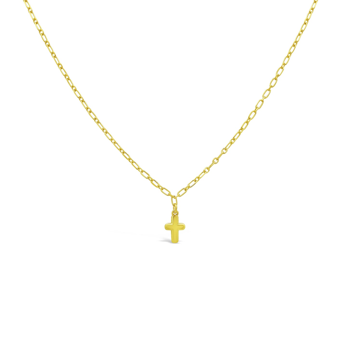 Gold Plated Sterling Silver Puffy Cross Mini Paper Clip Chain Bracelet, 16" + 2" Necklaces