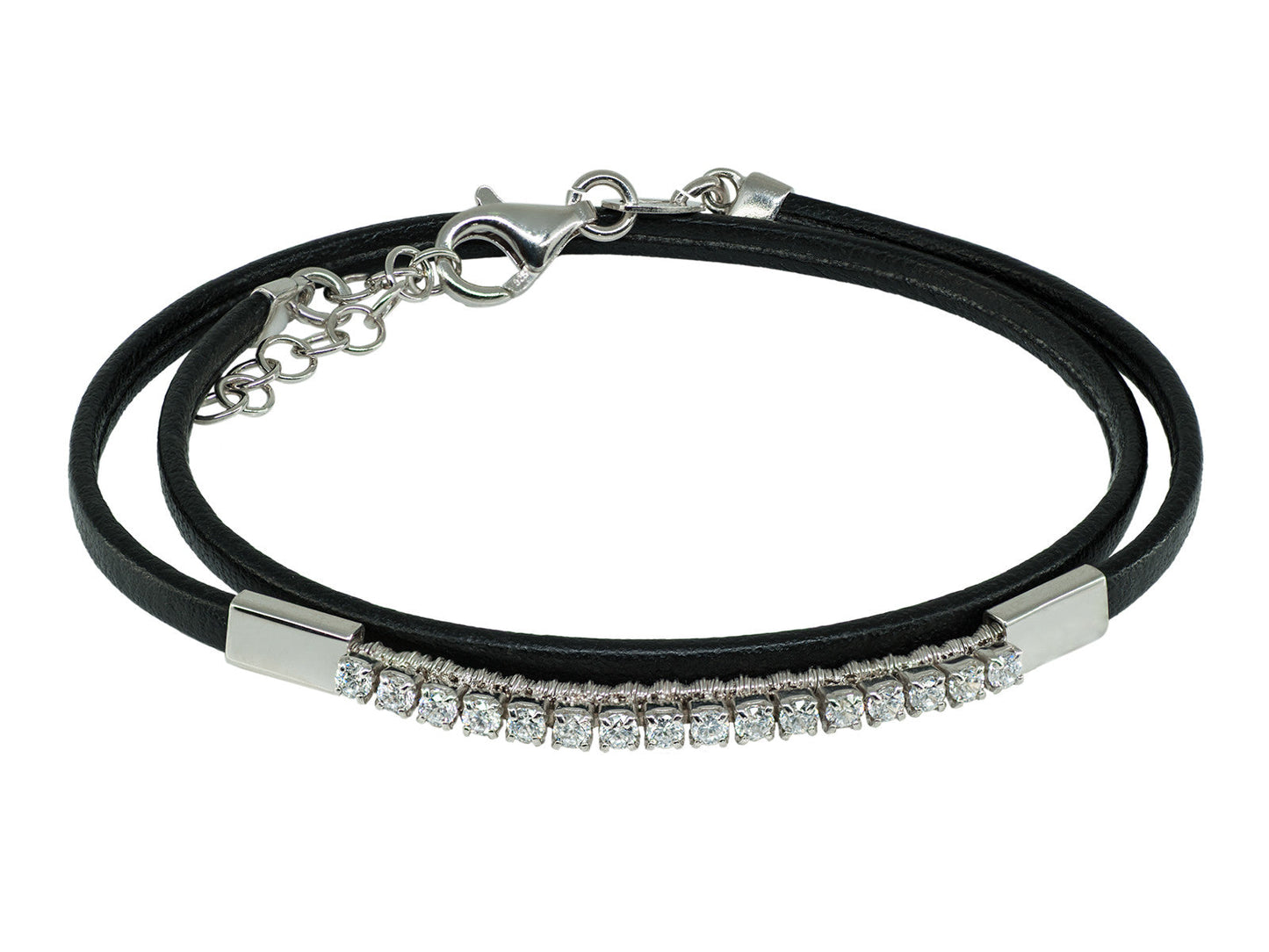 Sterling Silver Genuine Black Leather Cz Wrap Bracelet Bracelets