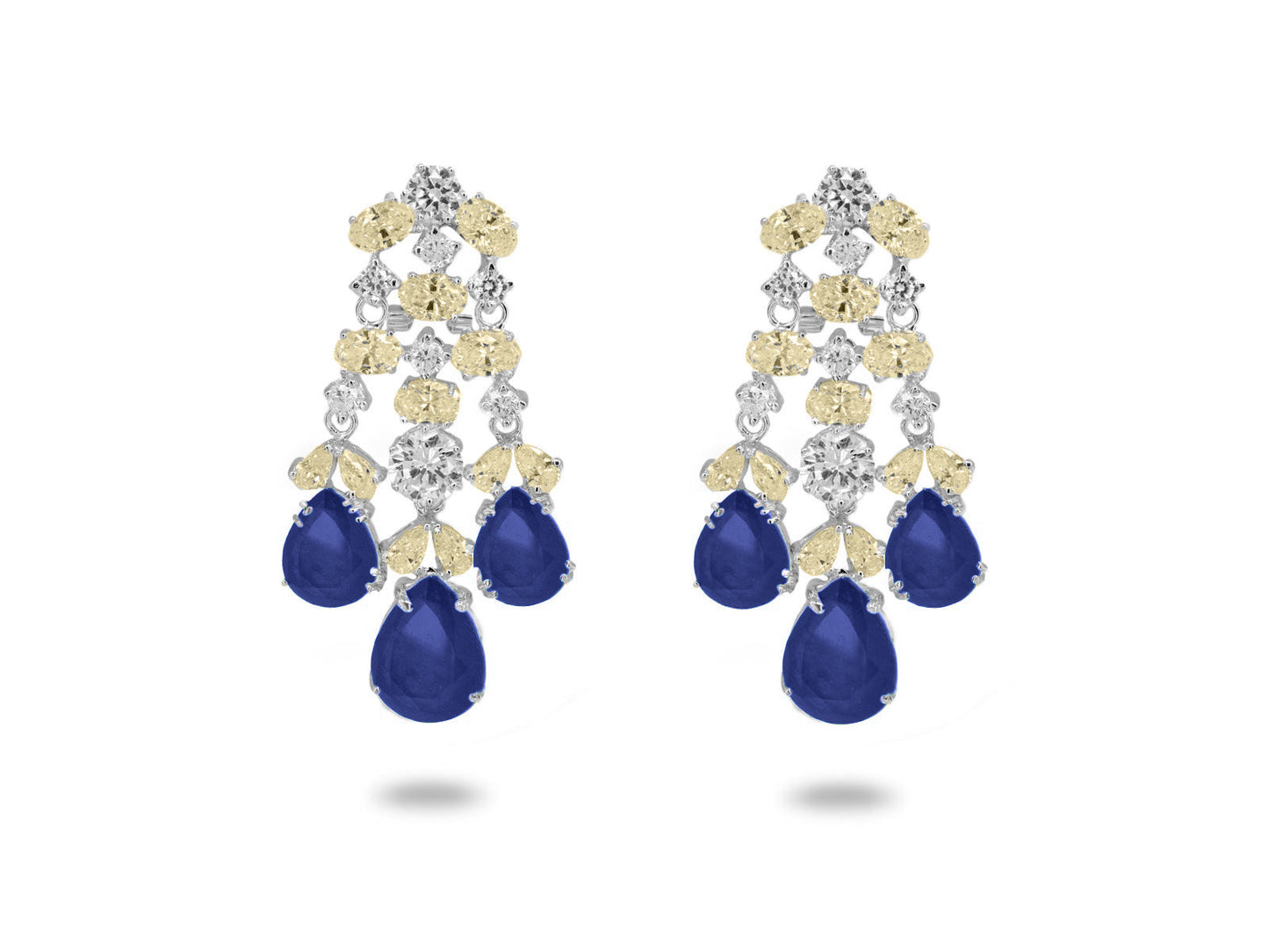 Chandelier Canary Cubic Zirconia & Simulated Sapphire Omega Clip Earrings in Vermeil, 1.96" Earrings
