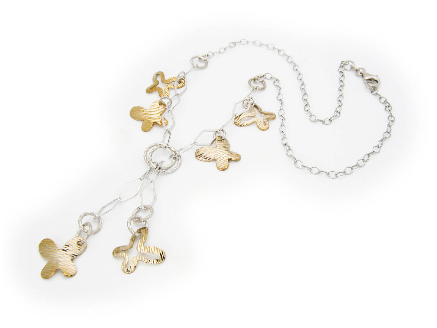 Italian Sterling Silver Two Tone Dangling Diamond Cut Butterflies Lariat Necklace 16" + 2.5" Drop Necklaces