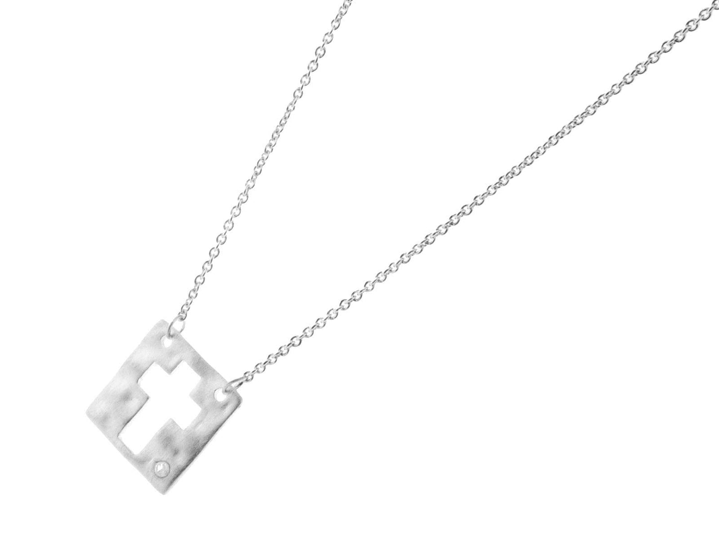 Sterling Silver Cutout Cross & Diamond Plaque Necklace Necklaces
