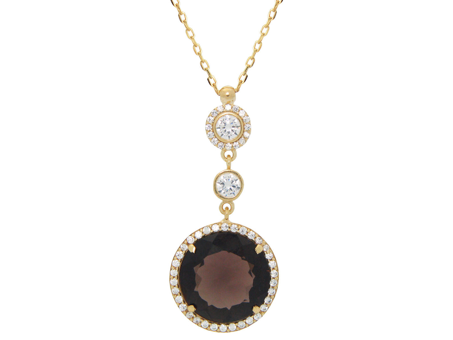 Round Smokey Cubic Zirconia Pendant Necklace Rhodium Plated Sterling Silver, 16" Necklaces