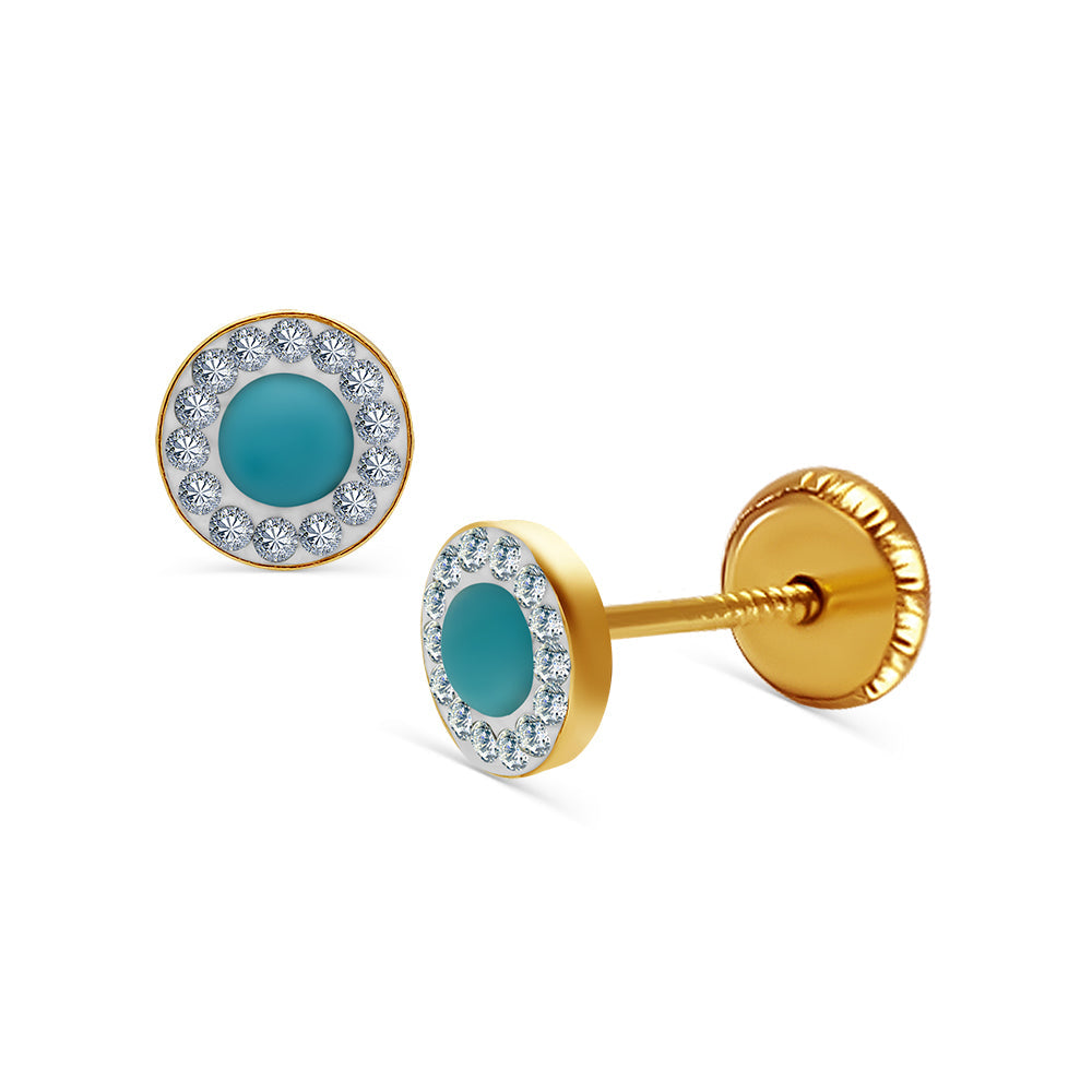 14k Gold Sparkling Turquoise Halo Screwback Earrings Earrings