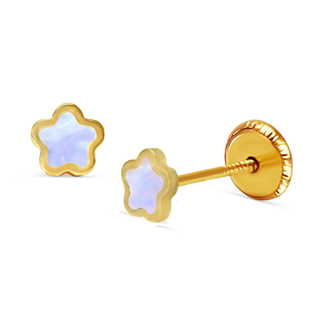 14k Gold Mother of Pearl Flower Screwback Earrings Earrings