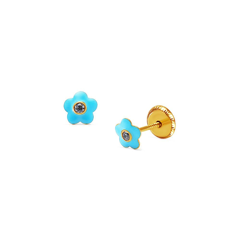 14k Gold Baby Blue Sparkling Flower Screwback Earrings Earrings