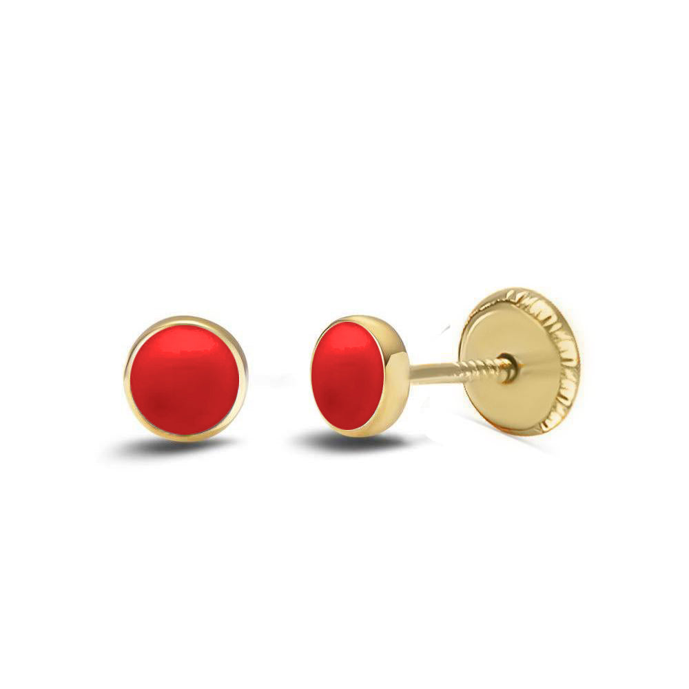 Bezel Coral Stud Earrings - Children's earrings/Screw Back - 14k Yellow Gold Earrings