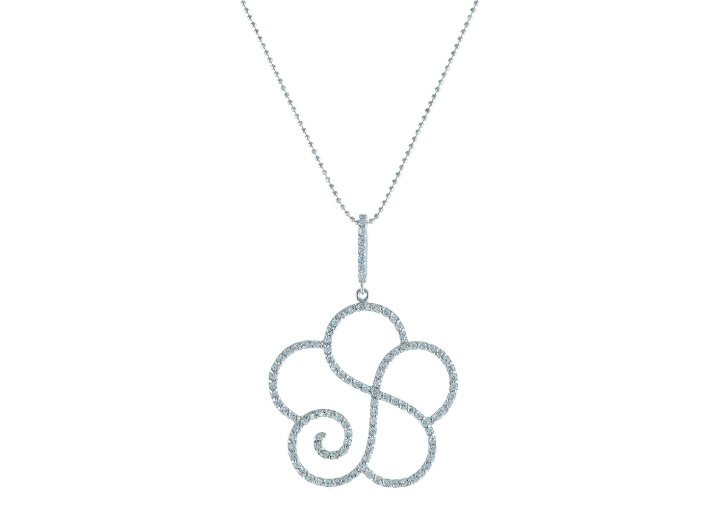 Platinum Plated Sterling Silver Twisted Cubic Zirconia CZ Flower Pendant Necklace, 16" Necklaces