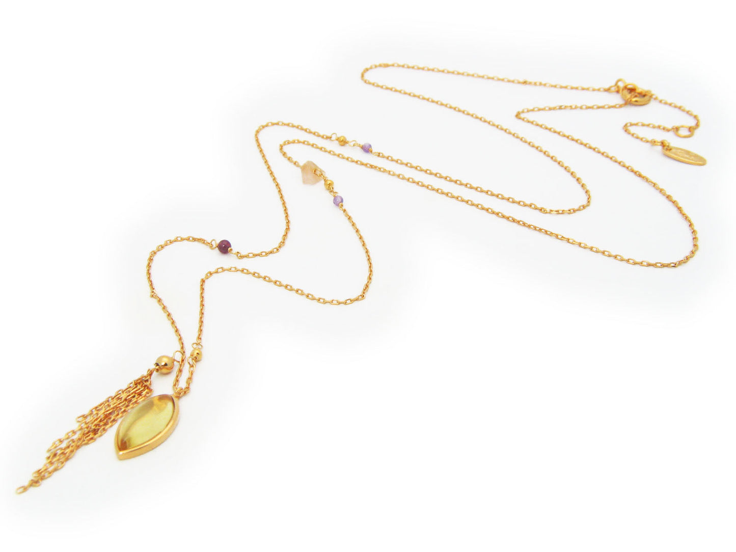 Tassel Necklace with Marquise Citrine Pendant and Quartz Beads in Vermeil, Length 26" + 2" Necklaces