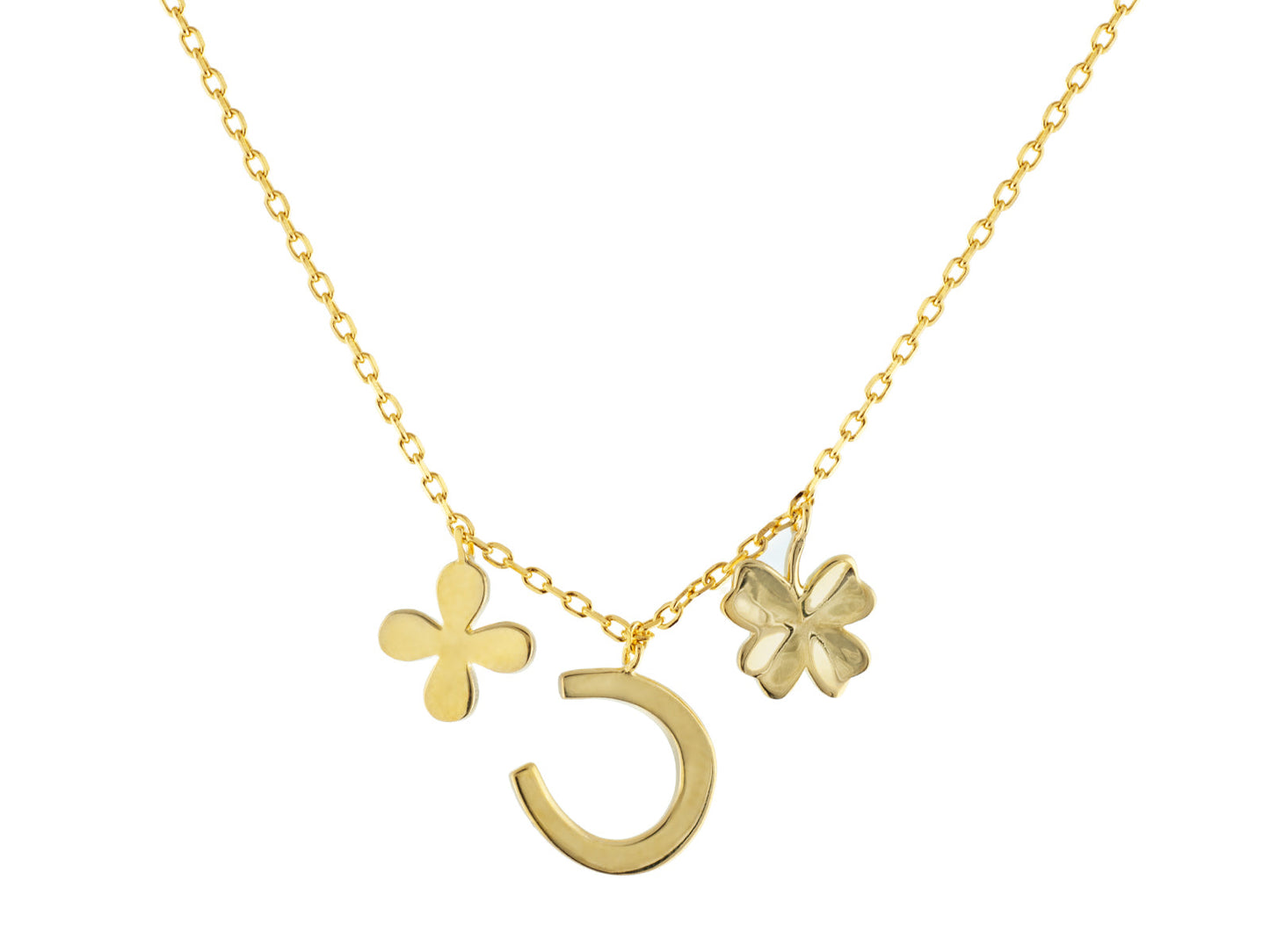 14k Gold Plated Sterling Silver Four Leaf Clover & Horseshoe Multi-Charm Pendant Necklace, 17" Long Necklaces