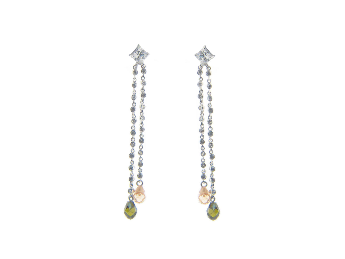 2 Chains Briolette CZ Earrings 925 Sterling Silver Earrings