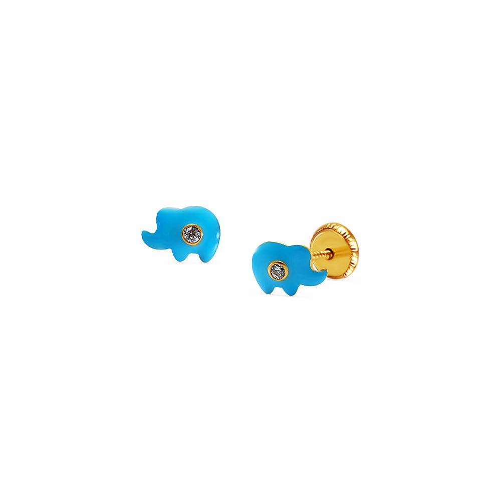 18k Gold Blue Elephant Screwback Earrings Earrings