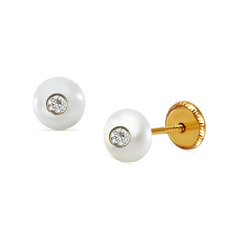 5.5mm Pearl Stud Earrings/Clear Bezel CZ - Children's Earrings, Screw Back - 14k Yellow Gold Earrings