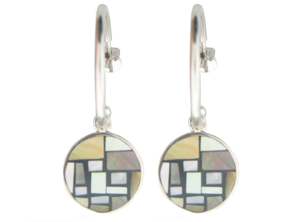 Vintage Button Mother of Pearl Hoop Earrings in 925 Sterling Silver by Fronay Earrings