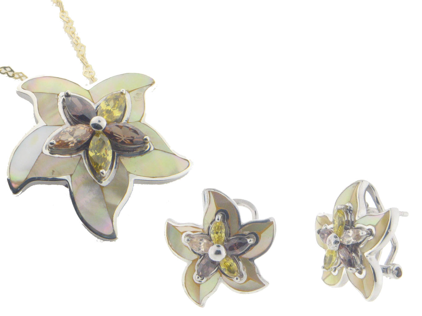 Vintage Flower Mother of Pearl Earring and Pendant Set 925 Sterling Silver Cubic Zirconias Sets